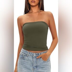 CNCPTS Ribbed Strapless Bandeau Tube Top in Dark Green, Women’s size XS